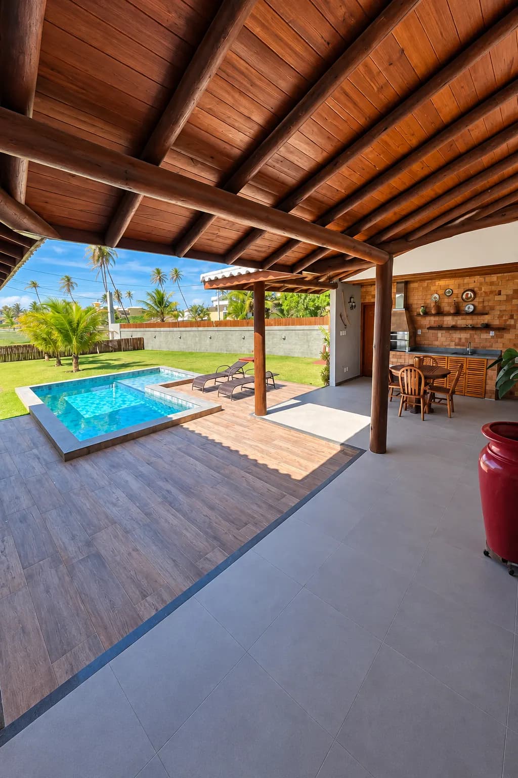 Varanda gourmet com pilares e telhado de eucalipto tratado, deck e piscina no Condomínio Águas de Sauípe