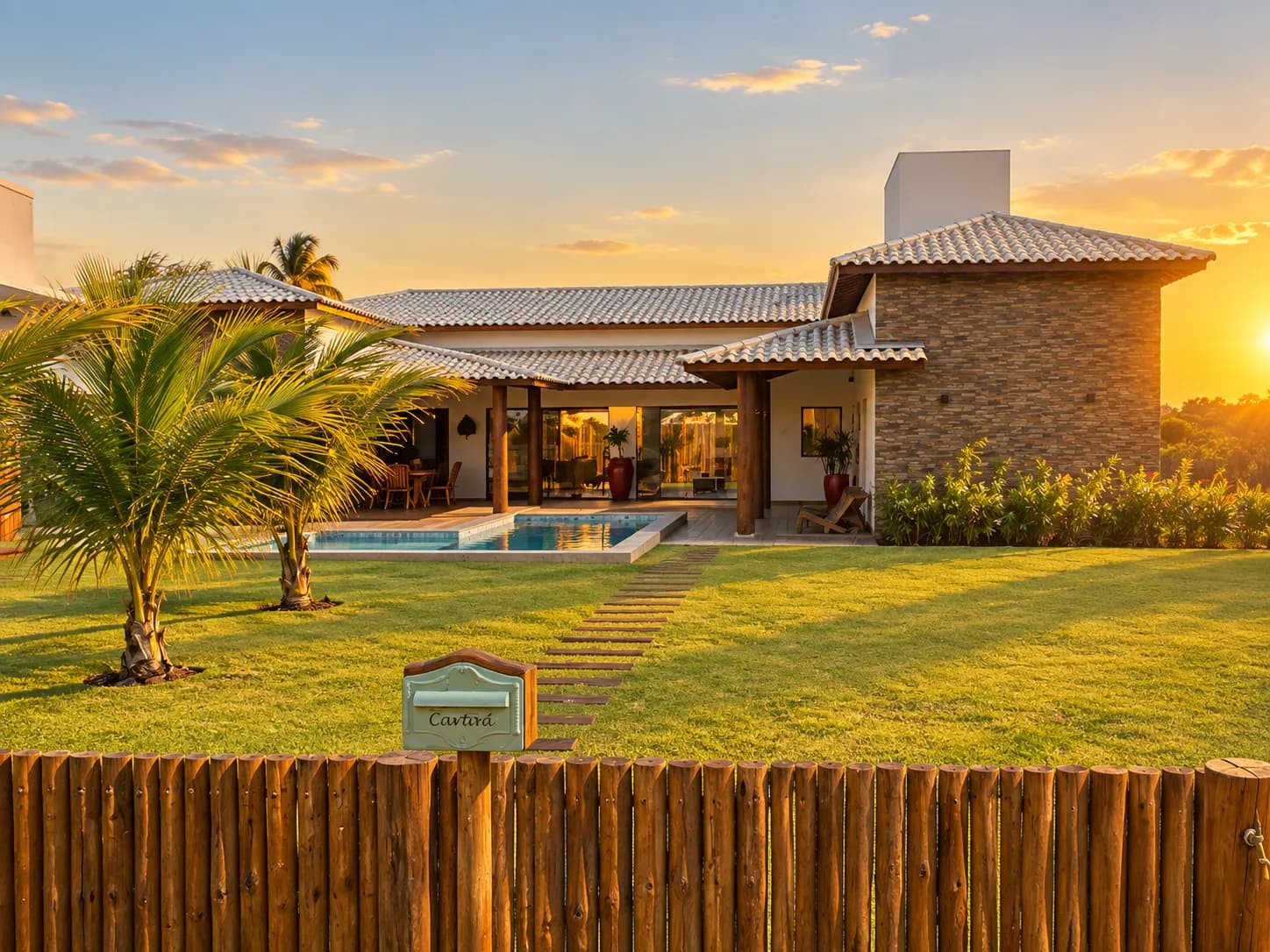 Casa de campo com cerca de eucalipto tratado e jardim tropical ao pôr do sol